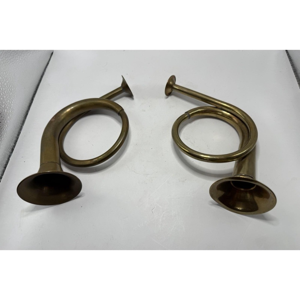Vintage Brass Signal Bugle Horns Pair Decorative Military Nautical Style